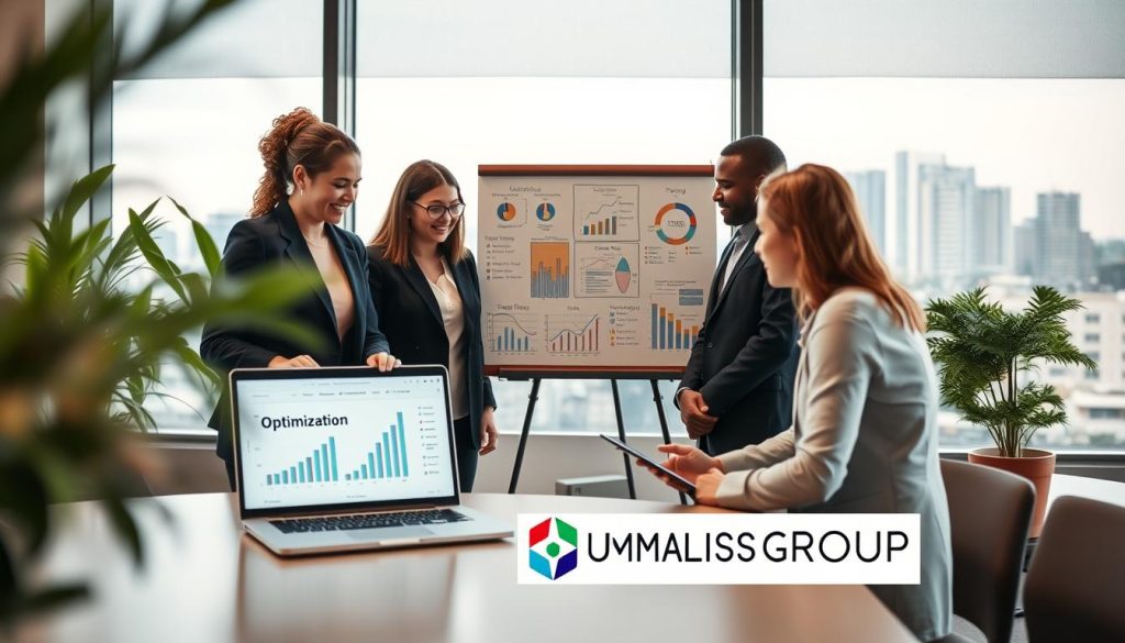 A serene office environment showcasing a modern workspace with a large window overlooking a cityscape. In the foreground, a diverse group of professionals in business attire, including a woman in a sleek blazer and a man in a tailored suit, are engaged in a collaborative discussion around a high-tech laptop displaying graphs and data on optimization. In the middle, a whiteboard filled with colorful charts and notes highlights concepts of administrative management and efficiency. The background features plants and soft ambient lighting that creates a calming atmosphere. This image represents the theme of optimizing administrative management in portage salarial, with the logo of "UMALIS GROUP" subtly integrated into the workspace design. The angle is slightly above eye level to capture the action and focus on the collaboration.