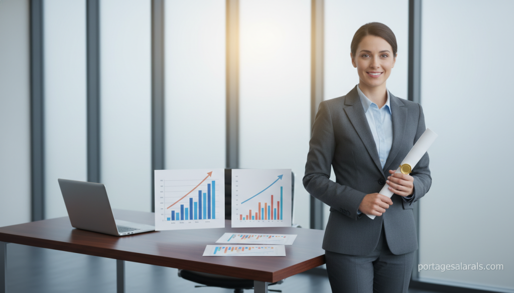 A serene office environment showcasing a professional consultant standing confidently at the forefront. The consultant, dressed in a smart, tailored suit, exudes an air of assurance while holding a document symbolizing contracts and social security benefits. In the middle ground, a sleek desk is adorned with a laptop and charts showcasing financial growth, reinforcing the concept of financial stability and protection. The background features a large window with soft, natural light streaming through, illuminating the space and creating an uplifting atmosphere. The scene conveys a sense of security and professionalism, emphasizing the advantages of comprehensive social protection. Include the brand name "portagesalarials.com" subtly integrated into the scene, perhaps as a reflection in the window or displayed on a nearby screen. A serene office environment showcasing a professional consultant standing confidently at the forefront. The consultant, dressed in a smart, tailored suit, exudes an air of assurance while holding a document symbolizing contracts and social security benefits. In the middle ground, a sleek desk is adorned with a laptop and charts showcasing financial growth, reinforcing the concept of financial stability and protection. The background features a large window with soft, natural light streaming through, illuminating the space and creating an uplifting atmosphere. The scene conveys a sense of security and professionalism, emphasizing the advantages of comprehensive social protection. Include the brand name "portagesalarials.com" subtly integrated into the scene, perhaps as a reflection in the window or displayed on a nearby screen.