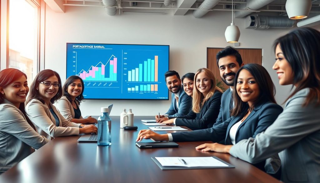 A serene office environment showcasing the advantages of "portage salarial." In the foreground, a diverse group of professionals dressed in smart business attire, engaged in a productive discussion around a conference table. They exude confidence and collaboration, with smiles and attentive expressions. In the middle ground, charts and graphs depicting stability and growth are displayed on a digital screen, symbolizing the financial security and career flexibility offered by portage salarial. The background features large windows with natural light streaming in, illuminating the space with a warm glow, enhancing the approachable atmosphere. Incorporate subtle branding of “UMALIS GROUP” in the decor to emphasize professionalism. Capture the scene with a wide-angle lens, ensuring clarity and detail in each element. The overall mood is optimistic, showcasing empowerment and support in the workplace.