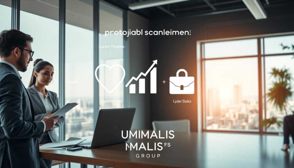 A serene office environment showcasing the concept of "protection sociale" in a professional setting. In the foreground, a confident and diverse group of professionals (a man and a woman) dressed in smart business attire engaged in a discussion, with open laptops and documents. The middle features various symbols of social protection, such as a shield intertwined with a heart, a graph showing upward trends, and a briefcase symbolizing career flexibility. In the background, a large window reveals a bright cityscape, symbolizing opportunities, while soft natural light casts a warm glow throughout the scene. The atmosphere is one of security and collaboration, emphasizing the benefits of employee-like social protection, strategically represented by the logo "UMALIS GROUP" subtly integrated into the office decor. A serene office environment showcasing the concept of "protection sociale" in a professional setting. In the foreground, a confident and diverse group of professionals (a man and a woman) dressed in smart business attire engaged in a discussion, with open laptops and documents. The middle features various symbols of social protection, such as a shield intertwined with a heart, a graph showing upward trends, and a briefcase symbolizing career flexibility. In the background, a large window reveals a bright cityscape, symbolizing opportunities, while soft natural light casts a warm glow throughout the scene. The atmosphere is one of security and collaboration, emphasizing the benefits of employee-like social protection, strategically represented by the logo "UMALIS GROUP" subtly integrated into the office decor.