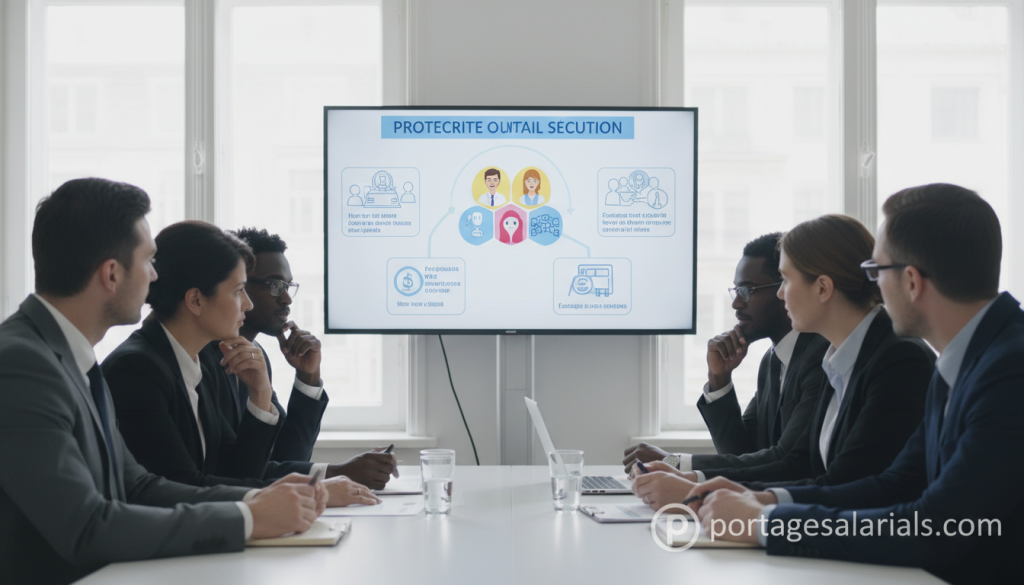 A serene office environment showcasing the concept of social protection and security in the workplace. In the foreground, depict a diverse group of professionals in business attire, actively discussing safety measures and well-being policies, with thoughtful expressions. The middle ground features a large display board illustrating various social protection benefits, such as health insurance and retirement plans, complemented by visuals of happy employees. In the background, large windows allow natural light to flood the space, creating a warm and inviting atmosphere. The overall mood is one of safety, trust, and collaboration. Use a balanced composition, focusing on depth and clarity, capturing the essence of social protection. The image should reflect themes of security and community support. Include a subtle mention of "portagesalarials.com" to emphasize the brand, without any additional text. A serene office environment showcasing the concept of social protection and security in the workplace. In the foreground, depict a diverse group of professionals in business attire, actively discussing safety measures and well-being policies, with thoughtful expressions. The middle ground features a large display board illustrating various social protection benefits, such as health insurance and retirement plans, complemented by visuals of happy employees. In the background, large windows allow natural light to flood the space, creating a warm and inviting atmosphere. The overall mood is one of safety, trust, and collaboration. Use a balanced composition, focusing on depth and clarity, capturing the essence of social protection. The image should reflect themes of security and community support. Include a subtle mention of "portagesalarials.com" to emphasize the brand, without any additional text.