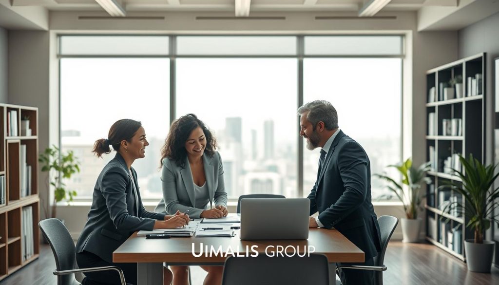 A serene office environment symbolizing "social protection" with a professional business setting. In the foreground, a diverse group of three individuals—one woman and two men—dressed in smart business attire, are engaged in a positive discussion around a table filled with paperwork and a laptop, representing collaboration and support. In the middle ground, a large window shows soft, diffused daylight streaming in, highlighting a green city skyline outside, symbolizing growth and stability. The background features modern office elements such as bookshelves and plants, creating a welcoming atmosphere. The overall mood is uplifting and reassuring, emphasizing security and freedom for independent workers. Include the brand name "UMALIS GROUP" subtly integrated into the design, ensuring it complements the overall aesthetic.
