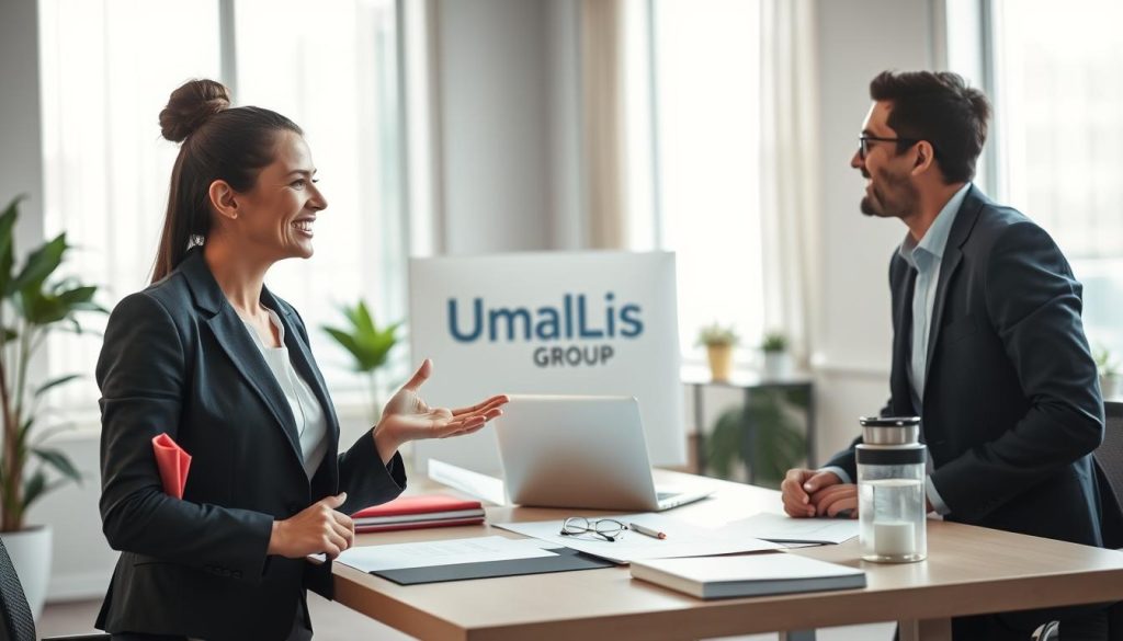 A serene office environment that illustrates the benefits of "portage salarial", featuring a diverse group of three professional individuals engaged in a conversation. In the foreground, a woman in smart business attire gestures with enthusiasm, while a man in a casual yet professional outfit looks on appreciatively. In the middle ground, a well-organized desk is filled with papers and a laptop. Soft, diffused natural light pours in from large windows in the background, illuminating the space and creating a warm, inviting atmosphere. Include subtle branding for "Umalis Group" in the background decor, enhancing the professional yet relaxed vibe. Aim for a balanced composition that conveys collaboration, productivity, and work-life balance.