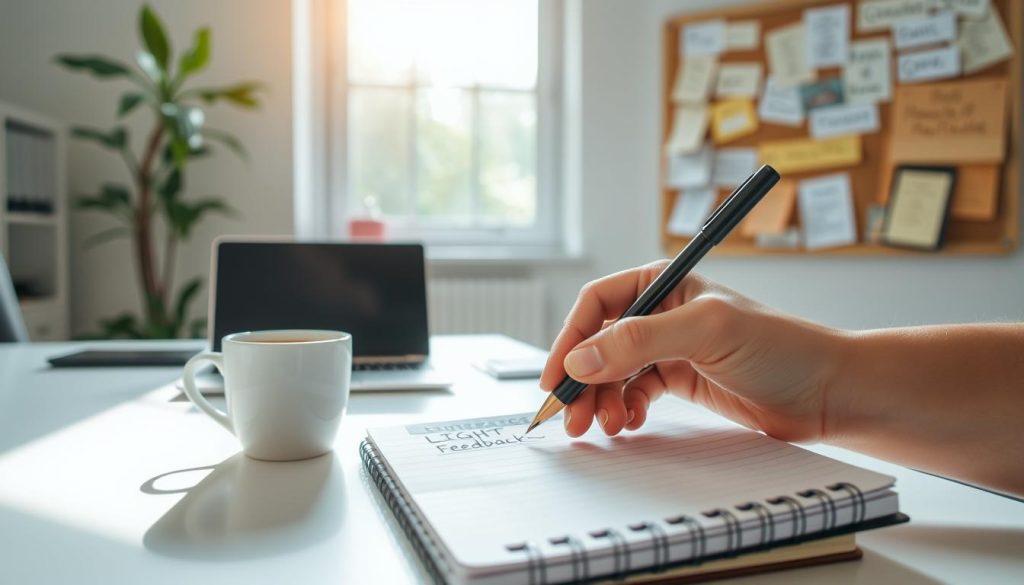 A serene office environment with a desk, laptop, and a mug of coffee. In the foreground, a hand holds a pen, writing feedback notes on a LIGHT PORTAGE notebook. The middle ground features a window, allowing natural light to stream in, creating a warm, inviting atmosphere. In the background, a bulletin board displays a mix of positive and constructive comments, symbolizing the cyclical nature of feedback. The overall scene conveys a sense of focus, reflection, and a commitment to continuous improvement.