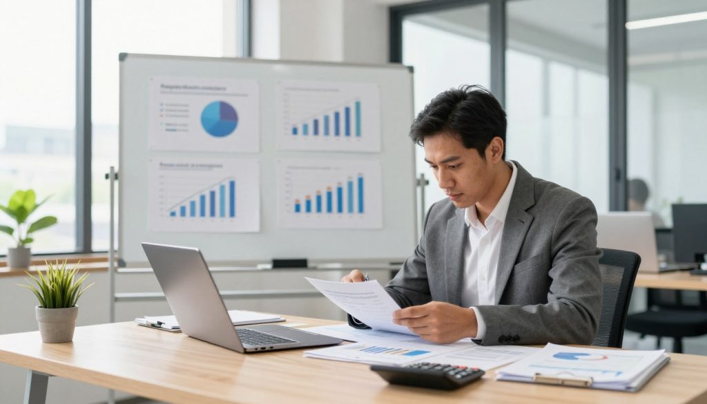 A serene office environment with a modern desk featuring a laptop, financial documents, and a calculator in the foreground. A professional individual in business attire, a mixed-race man, is focused on analyzing data, portraying a sense of concentration and responsibility. In the middle ground, a whiteboard filled with charts and optimization strategies related to tax planning for independent contractors. The background showcases a bright, airy office space with large windows allowing natural light to flood in, creating an inviting atmosphere. The lighting is soft yet clear, emphasizing a productive mood. Use a wide-angle perspective to capture the depth of the workspace, highlighting the intricate balance of work and strategy in financial independence.