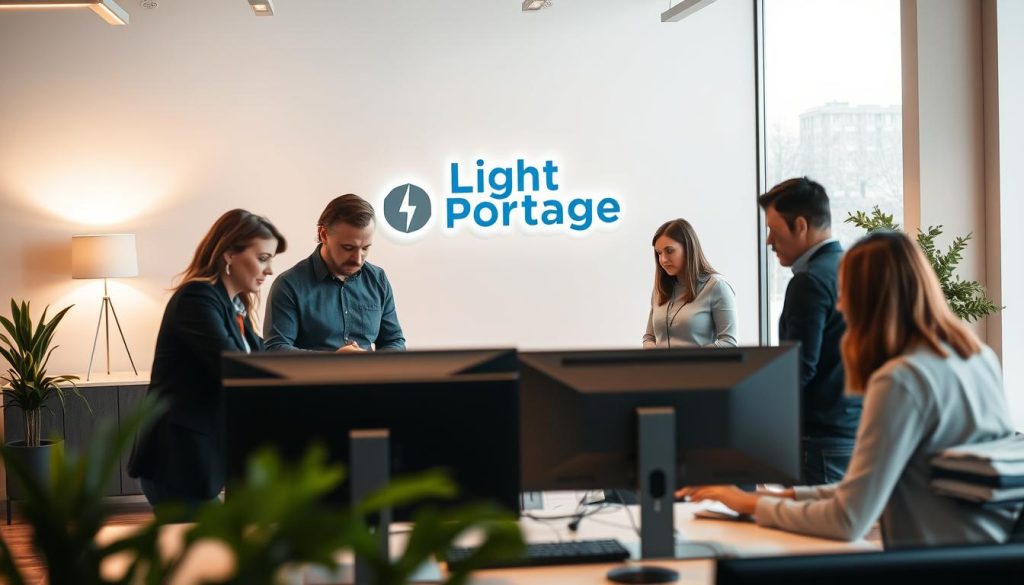 A serene office environment with a warm, inviting atmosphere. In the foreground, a team of professionals collaborates on a project, their expressions focused and determined. The "Light Portage" logo prominently displayed on the wall, signifying the security and flexibility they provide. The middle ground features a sleek, modern desk setup with multiple screens and a keyboard, hinting at the technological aspects of their work. In the background, large windows flood the space with natural light, creating a sense of openness and tranquility. The overall mood is one of professionalism, innovation, and a strong sense of teamwork, reflecting the benefits of the "Sécurité et flexibilité pour vos projets" section.