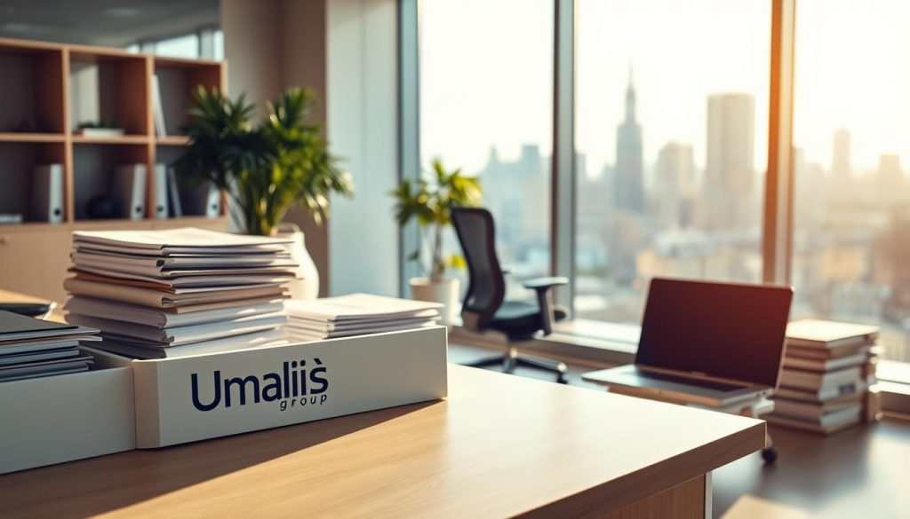 A serene office interior, bathed in warm, natural lighting. In the foreground, a desk showcases the "Umalis Group" brand, its clean lines and modern aesthetic conveying professionalism. Stacks of files and a laptop suggest the practical considerations of a "portage salarial" arrangement. The middle ground features an ergonomic chair and a potted plant, hinting at the importance of work-life balance. In the background, a large window overlooks a bustling city skyline, symbolizing the flexibility and opportunities afforded by this employment model. The overall scene exudes a sense of security, stability, and the careful balance of practical and social factors.