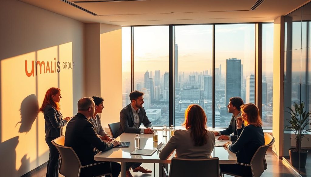 A serene office interior, flooded with warm, natural lighting. In the foreground, a group of business professionals gathered around a conference table, engaged in an animated discussion. The Umalis Group logo is prominently displayed on the wall, conveying a sense of professionalism and expertise. In the middle ground, a large window offers a view of a vibrant city skyline, symbolizing the dynamic nature of the transition management industry. The overall mood is one of optimism, collaboration, and a forward-looking perspective, capturing the essence of "Nouvelles perspectives pour les managers de transition en 2022". A serene office interior, flooded with warm, natural lighting. In the foreground, a group of business professionals gathered around a conference table, engaged in an animated discussion. The Umalis Group logo is prominently displayed on the wall, conveying a sense of professionalism and expertise. In the middle ground, a large window offers a view of a vibrant city skyline, symbolizing the dynamic nature of the transition management industry. The overall mood is one of optimism, collaboration, and a forward-looking perspective, capturing the essence of "Nouvelles perspectives pour les managers de transition en 2022".