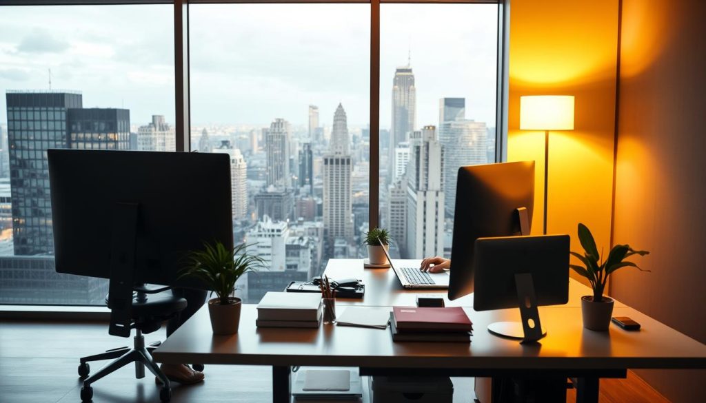 A serene office interior with a large, bright window overlooking a bustling city skyline. In the foreground, a well-dressed professional stands before a laptop, engrossed in their work. The middle ground features an ergonomic desk with a sleek computer setup, organized office supplies, and a potted plant adding a touch of nature. Warm, indirect lighting from a floor lamp bathes the scene in a soft, productive glow. The background showcases the vibrant cityscape beyond, hinting at the flexibility and opportunities afforded by the consultant's portable work arrangement. An atmosphere of focus, comfort, and boundless potential pervades the frame.