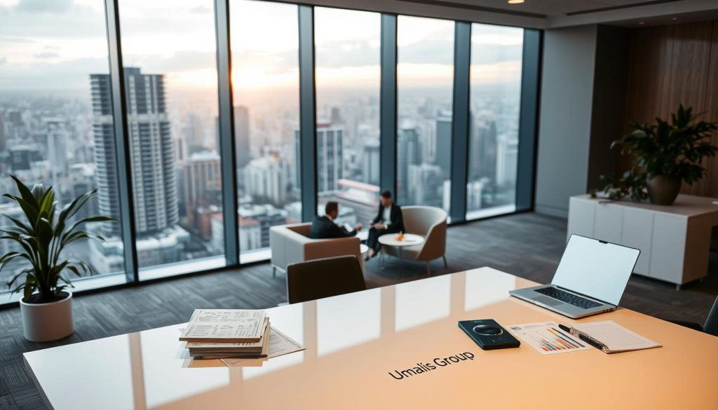 A serene office interior with a large window offering a panoramic view of a bustling cityscape. In the foreground, a modern, minimalist desk adorned with the Umalis Group logo prominently displayed. On the desk, various documents and a laptop subtly suggest the process of researching and evaluating different portage salarial companies. The middle ground features comfortable seating areas, where professionals engage in thoughtful discussions. The background showcases a warm, inviting atmosphere with soft lighting and calming colors, conveying a sense of transparency and trust in the decision-making process.