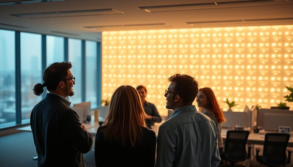 A serene office interior with a striking LIGHT PORTAGE wall installation, casting a warm, ambient glow. In the foreground, a group of employees engaged in thoughtful discussion, their expressions radiating a sense of appreciation and recognition. The middle ground features neatly arranged work stations, symbolizing a well-organized, productive environment. The background showcases panoramic city views, hinting at the broader context of the company's success. Soft, diffused lighting creates a relaxed, encouraging atmosphere, emphasizing the value placed on employee acknowledgment and its role in boosting morale and performance.