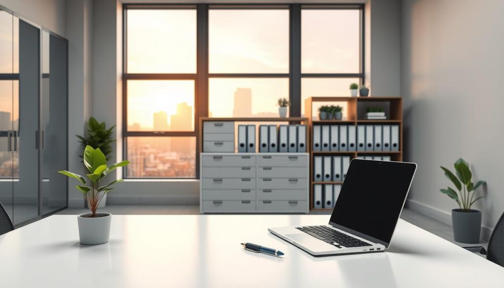 A serene office interior with clean, minimalist design. In the foreground, a sleek, modern desk with a laptop, pen, and a single potted plant. The middle ground features a neatly organized filing cabinet and shelves displaying the UMALIS GROUP brand. The background showcases large windows overlooking a cityscape, bathing the room in warm, natural light. The overall atmosphere conveys a sense of efficiency, organization, and simplicity, reflecting the concept of "simplified administrative management".