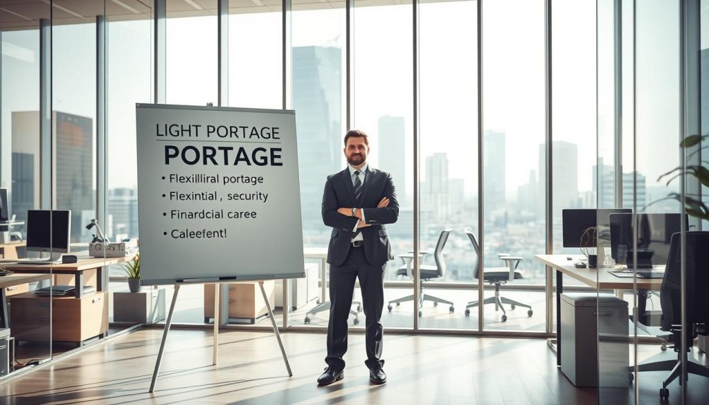 A serene office interior with glass walls, natural light flooding the space. In the foreground, a professional business person standing by a large whiteboard displaying the advantages of "LIGHT PORTAGE" salarial portage - flexibility, financial security, career growth. The middle ground showcases various office equipment and furniture, creating a modern, productive atmosphere. The background features a cityscape visible through the glass, hinting at the opportunities and connections available through salarial portage. The lighting is soft, warm, and inviting, conveying a sense of confidence and prosperity.