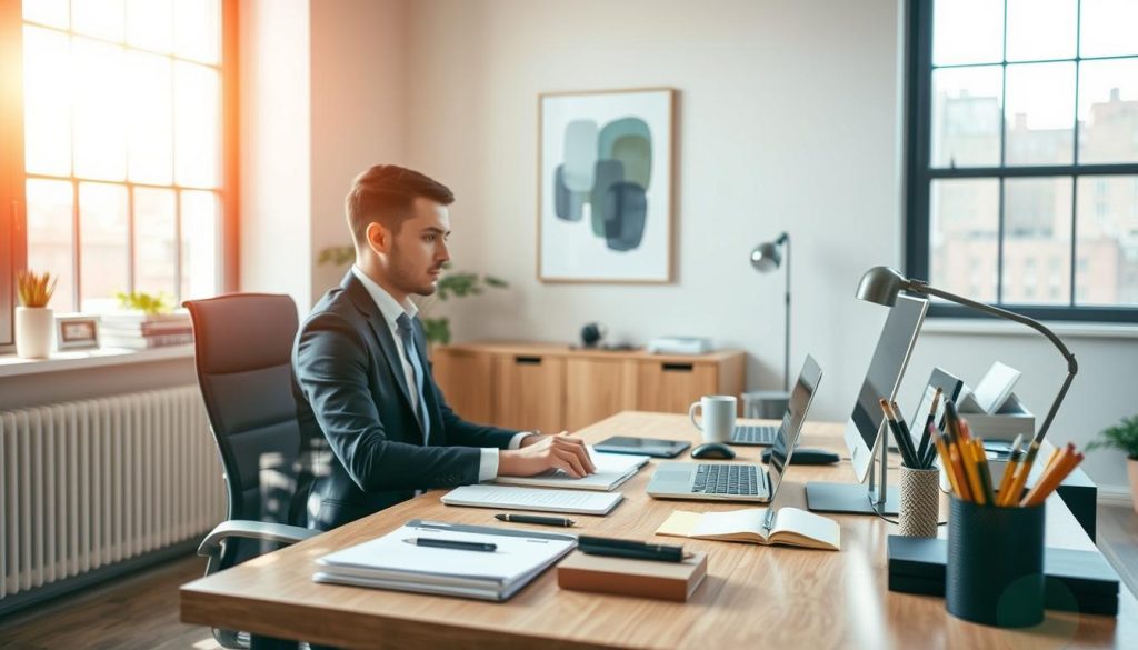 A serene office scene, bathed in warm, natural light filtering through large windows. In the foreground, a professional-looking individual, dressed in business attire, sits at a minimalist, wooden desk, intently focused on a laptop screen. Surrounding the desk, an array of well-organized office supplies and tools, reflecting a sense of productivity and efficiency. In the middle ground, a few tasteful, modern decor elements, such as a potted plant and abstract artwork, add a touch of sophistication. The background features a neutral, but inviting color palette, with clean, minimalist walls, conveying a sense of calm and balance. The overall atmosphere exudes a professional, yet comfortable ambiance, perfectly suited for an independent professional offering their expertise and services.
