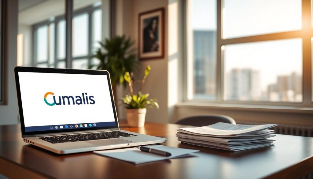 A serene office scene, bathed in warm, natural light from large windows. In the foreground, a laptop displays an online tax filing interface, the Umalis Group logo prominently featured. Beside it, a stack of financial documents and a pen, symbolizing the process of submitting tax returns electronically. The middle ground features a minimalist, contemporary desk setup, with a potted plant and a framed artwork on the wall, creating a professional yet inviting atmosphere. The background reveals a cityscape through the windows, hinting at the broader context of the tax declaration process. The overall mood is one of efficiency, organization, and a sense of accomplishment in handling one's tax obligations.