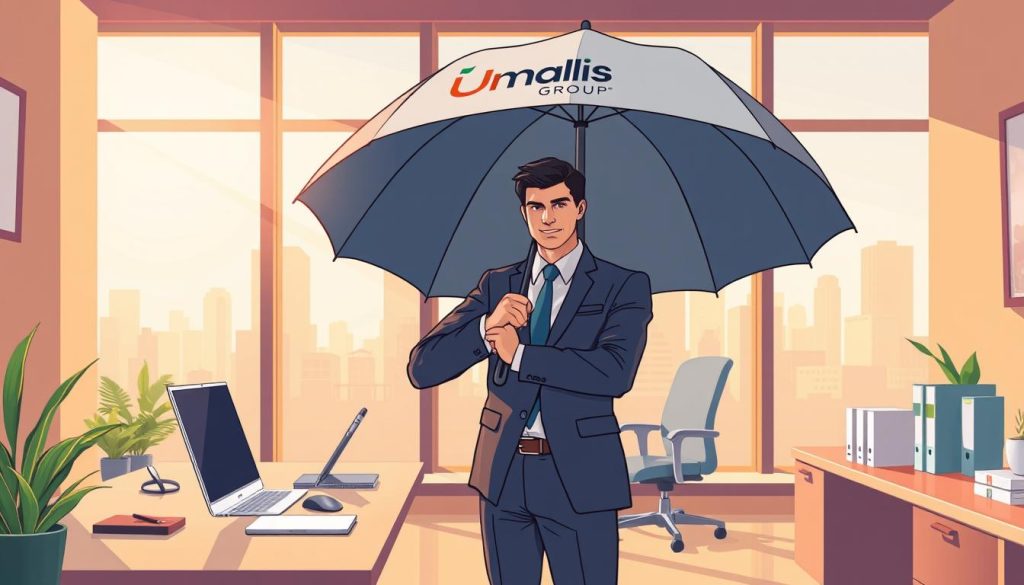 A serene office scene, bathed in warm natural light. In the foreground, a professional stands confidently, shielding themselves with an umbrella emblazoned with the "Umalis Group" logo, symbolizing their protection against potential risks. The middle ground features a neatly organized desk, with a laptop and files, representing the tools of their trade. The background showcases a cityscape, hinting at the broader professional landscape they operate within. The overall atmosphere conveys a sense of security, preparedness, and the importance of proactive risk management for modern professionals. A serene office scene, bathed in warm natural light. In the foreground, a professional stands confidently, shielding themselves with an umbrella emblazoned with the "Umalis Group" logo, symbolizing their protection against potential risks. The middle ground features a neatly organized desk, with a laptop and files, representing the tools of their trade. The background showcases a cityscape, hinting at the broader professional landscape they operate within. The overall atmosphere conveys a sense of security, preparedness, and the importance of proactive risk management for modern professionals.