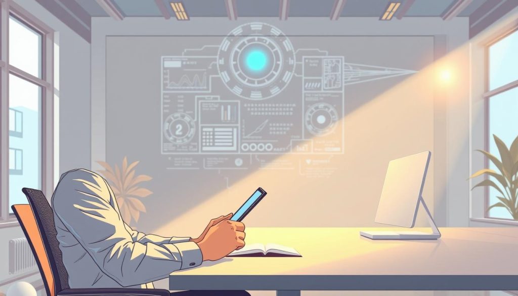A serene office scene, bathed in warm, natural lighting that filters through large windows. In the foreground, a professional sitting at a sleek, minimalist desk, deeply engaged with a cutting-edge tablet, their fingers deftly navigating the responsive touchscreen. The middle ground features a holographic display projecting intricate data visualizations, casting a soft, ambient glow. In the background, futuristic communication devices seamlessly connect the space, enabling effortless collaboration. The overall atmosphere conveys a harmonious blend of technology and human-centric design, fostering a sense of efficient, yet relaxed, technology-enhanced interactions.