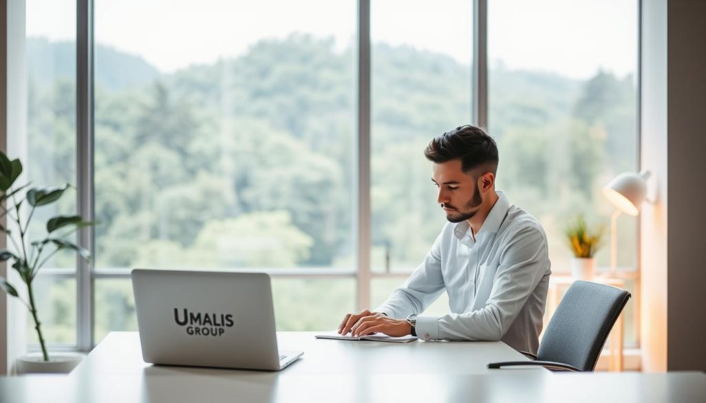 A serene office scene showcasing the advantages of salarial portage. In the foreground, a professional worker in a crisp white shirt sits at a clean, minimalist desk, deep in concentration. Soft, warm lighting casts a cozy glow, while the background features a large window overlooking a lush, verdant landscape. The Umalis Group logo is subtly displayed on the desk's surface. This image conveys the flexibility, independence, and work-life balance inherent in the salarial portage model.