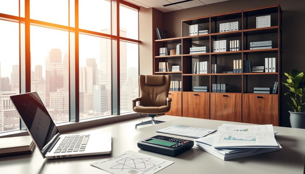A serene office scene, showcasing the financial management of "trésorerie portage salarial" by UMALIS GROUP. In the foreground, a professional-looking desk with a laptop, calculator, and organized paperwork. In the middle ground, a well-appointed executive chair and stylish shelving unit displaying financial reports and resources. The background features large windows overlooking a bustling city skyline, bathed in warm, natural lighting. The overall atmosphere conveys a sense of productivity, expertise, and financial control, reflecting the section title "Maîtriser la gestion financière du portage salarial".