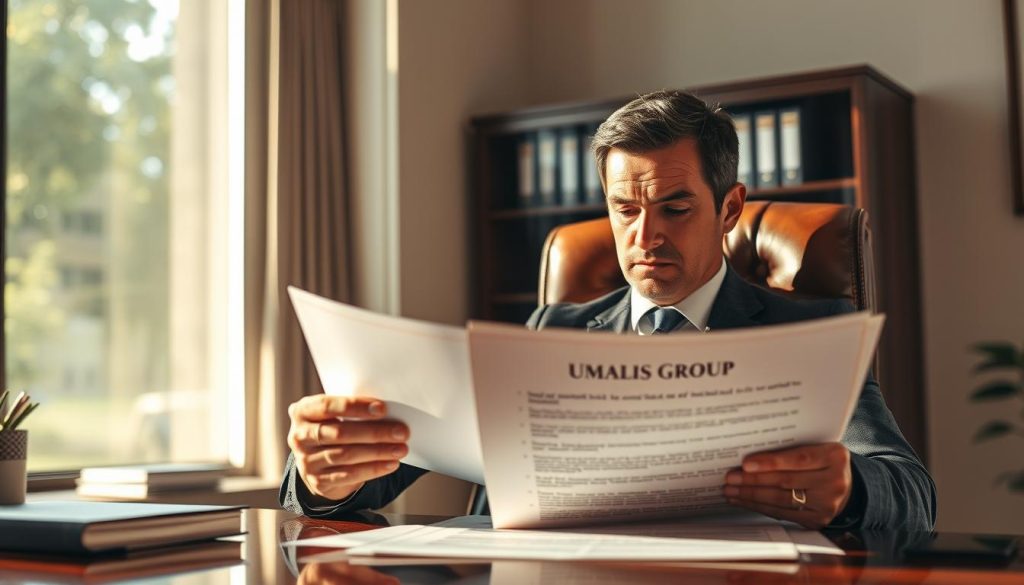 A serene office scene with a businessman reviewing contractual documents representing the termination of a salarial portage agreement. Soft natural lighting filters through large windows, casting a warm glow on the mahogany desk and leather chair. The man's expression is thoughtful yet resolute as he examines the UMALIS GROUP paperwork, signifying the end of this professional partnership. The background is subtly blurred, focusing attention on the central figure making this important decision. An atmosphere of quiet contemplation pervades the space, reflecting the gravity of this career transition.