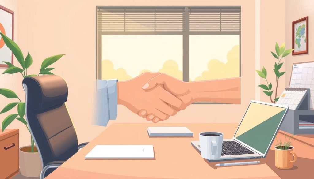 A serene office scene with a desk, chair, and a plant. In the foreground, a hand shakes with another, symbolizing a successful negotiation. The middle ground features a laptop, a calendar, and a coffee mug, representing essential tools for a stable career. The background showcases a warm, natural-lit window, evoking a sense of balance and contentment. The lighting is soft, the lens is wide, and the composition is centered, creating a harmonious and professional atmosphere.