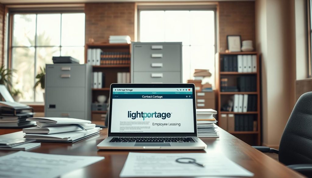 A serene office scene with a desk featuring the "Light Portage" brand, showcasing various legal documents and contracts related to employee leasing. In the foreground, a laptop displays a digital contract management interface. The middle ground features a well-organized filing cabinet and a bookshelf filled with relevant legal resources. The background is a warm, inviting space with natural lighting streaming through large windows, conveying a sense of professionalism and attention to detail in the management of contractual obligations and legal risks.