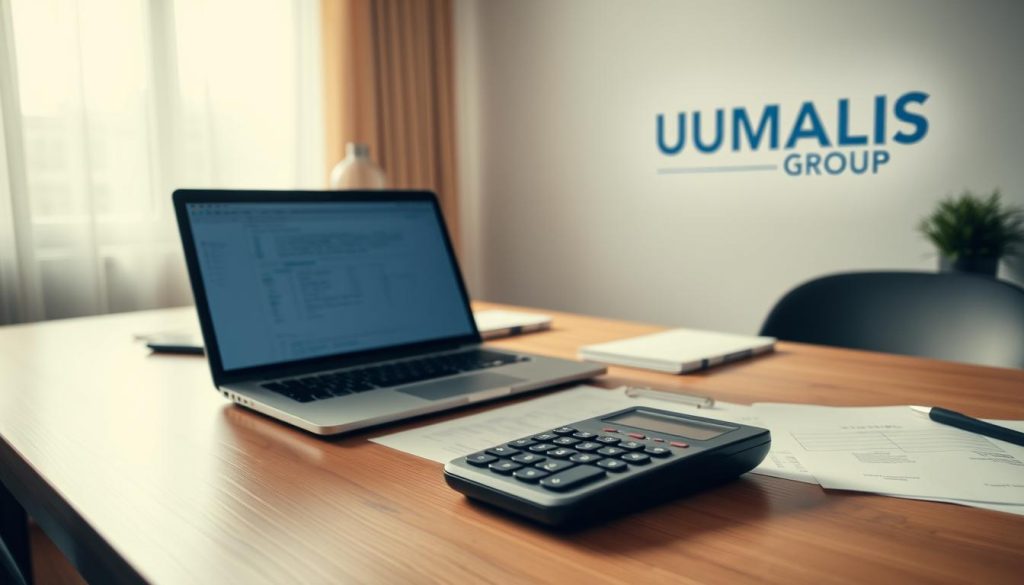 A serene office scene with a laptop, papers, and a calculator on a wooden desk. Soft, natural lighting illuminates the workspace, creating a sense of productivity and focus. In the background, the UMALIS GROUP logo is subtly displayed, representing the connection between unemployment benefits and the portage salarial services provided. The overall mood is one of contemplation and careful consideration of the possibilities of combining unemployment compensation and salaried work.