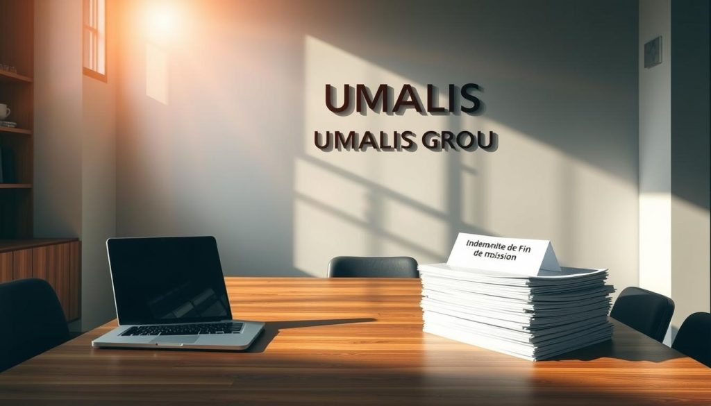 A serene office scene with a large wooden desk, a laptop, and a stack of documents labeled "Indemnité de Fin de Mission". Sunlight streams through a window, casting a warm glow on the UMALIS GROUP logo prominently displayed on the wall. The atmosphere conveys a sense of professionalism and attention to detail, reflecting the subject of "Comprendre les Contrats de Mission pour une Carrière Stable" and the section "L'Indemnité de Fin de Mission : Calcul et Conditions". The image captures the essence of the article's content without any distracting elements.