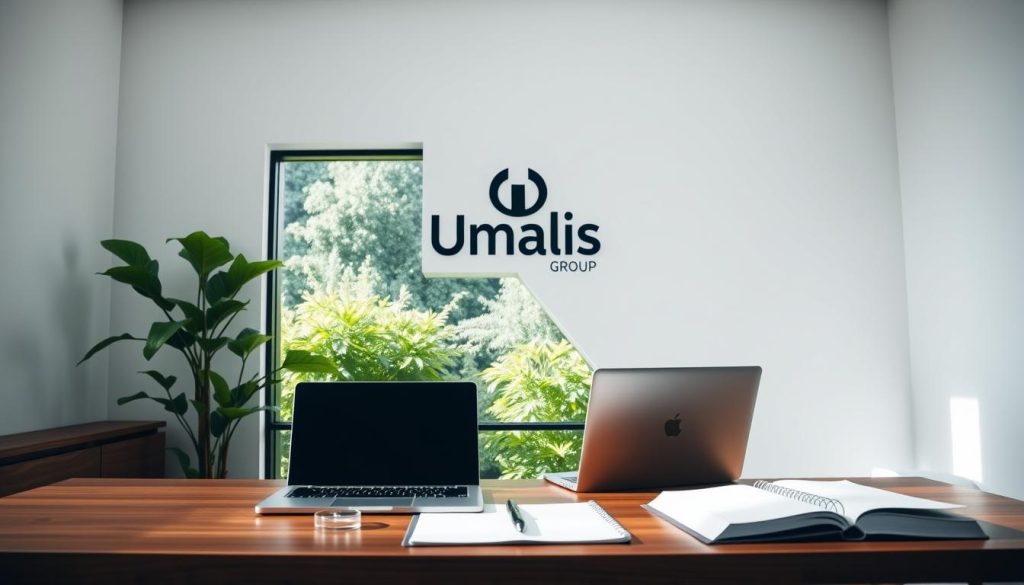 A serene office scene with a minimalist design, featuring the Umalis Group logo prominently displayed on the wall. In the foreground, a wooden desk with a laptop, a sleek pen, and a well-organized planner. In the middle ground, a large window overlooking a lush, green garden, creating a sense of tranquility and focus. The lighting is soft and natural, casting a warm glow throughout the space. The overall atmosphere conveys a sense of efficiency, productivity, and a deliberate approach to time management and prioritization.