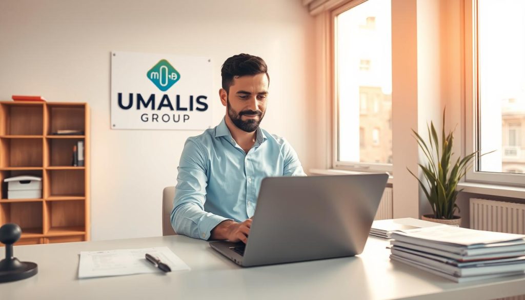 A serene office scene with a professional employee diligently working on a laptop, surrounded by the tools of the trade - a phone, a pen, and a stack of documents. The room is bathed in warm, natural lighting from a large window, casting a cozy glow on the UMALIS GROUP logo prominently displayed on the wall. In the background, a bookshelf and a potted plant add a touch of sophistication, while the clean, minimalist decor evokes a sense of efficiency and organization. The overall atmosphere conveys the seamless, administrative process of a "portage salarial" mission, where the employee's focus and dedication are the central elements.