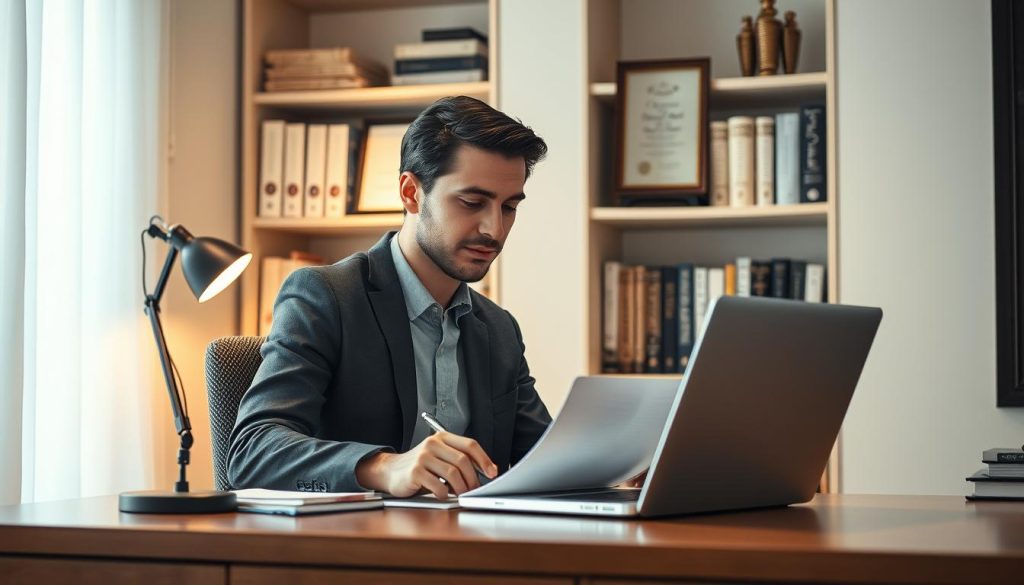 A serene office scene with a professional-looking person carefully managing their finances on a laptop. The desk is neatly organized, with a desk lamp providing warm, focused lighting. Behind the person, a bookshelf filled with finance-related books and a framed certificate or award create an atmosphere of expertise and responsibility. The overall mood is one of control, diligence, and a sense of accomplishment in taking charge of one's financial well-being. The image should convey the idea of "工资管理" as a valuable tool for those seeking flexibility and autonomy in their careers.