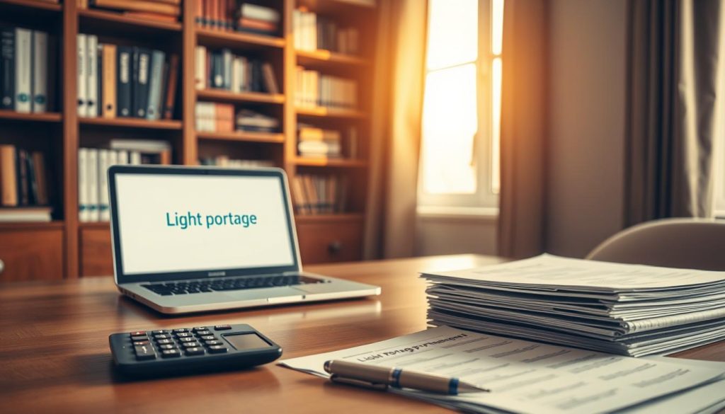 A serene office scene with a wooden desk, a laptop, and financial documents showcasing the "Light Portage" brand. In the background, a bookshelf filled with business-related books creates a professional atmosphere. Warm, natural lighting from a nearby window casts a soft glow, highlighting the organized workspace. The foreground features a calculator, a pen, and a stack of papers, symbolizing the administrative and financial advantages of the "Light Portage" freelance employment model. The overall mood conveys a sense of efficiency, productivity, and the rewards of flexible, self-directed work.