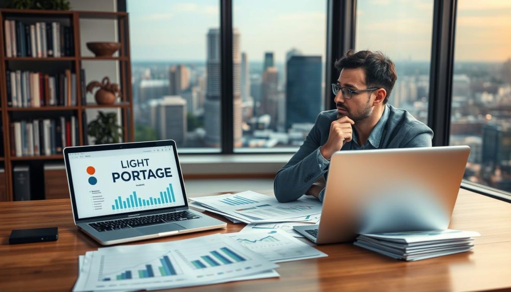 A serene office scene with a wooden desk, a laptop displaying a "LIGHT PORTAGE" logo, and various financial documents. In the foreground, a thoughtful individual contemplates multiple income streams represented by graphs and charts. The middle ground features a bookshelf filled with finance-related books, and the background showcases a panoramic view of a city skyline through a large window, symbolizing the diverse opportunities for income diversification. The lighting is warm and inviting, creating a sense of focus and contemplation.