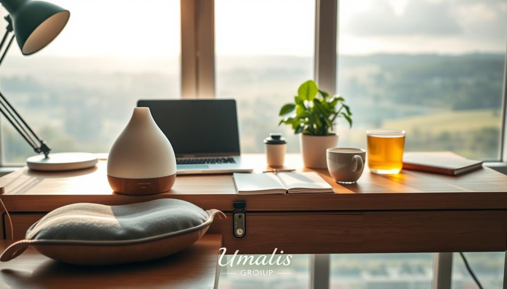 A serene office scene, with a wooden desk showcasing various well-being tools for freelancers. In the foreground, a soothing essential oil diffuser, a meditation cushion, and a gratitude journal. The middle ground features a laptop, a potted plant, and a cup of herbal tea. In the background, a large window overlooks a tranquil landscape, bathed in soft, natural lighting. The overall atmosphere conveys a sense of calm and mindfulness, promoting mental health and work-life balance. Umalis Group branding is subtly present in the scene.