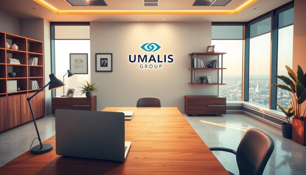 A serene office scene with clean, minimalist design. In the foreground, a wooden desk with a laptop, a stylish desk lamp, and a potted plant. The middle ground features a UMALIS GROUP logo on the wall, along with framed art pieces and shelves displaying books and decorative items. The background showcases large windows overlooking a tranquil cityscape, bathed in warm, natural lighting. The overall atmosphere conveys a sense of productivity, professionalism, and administrative efficiency.