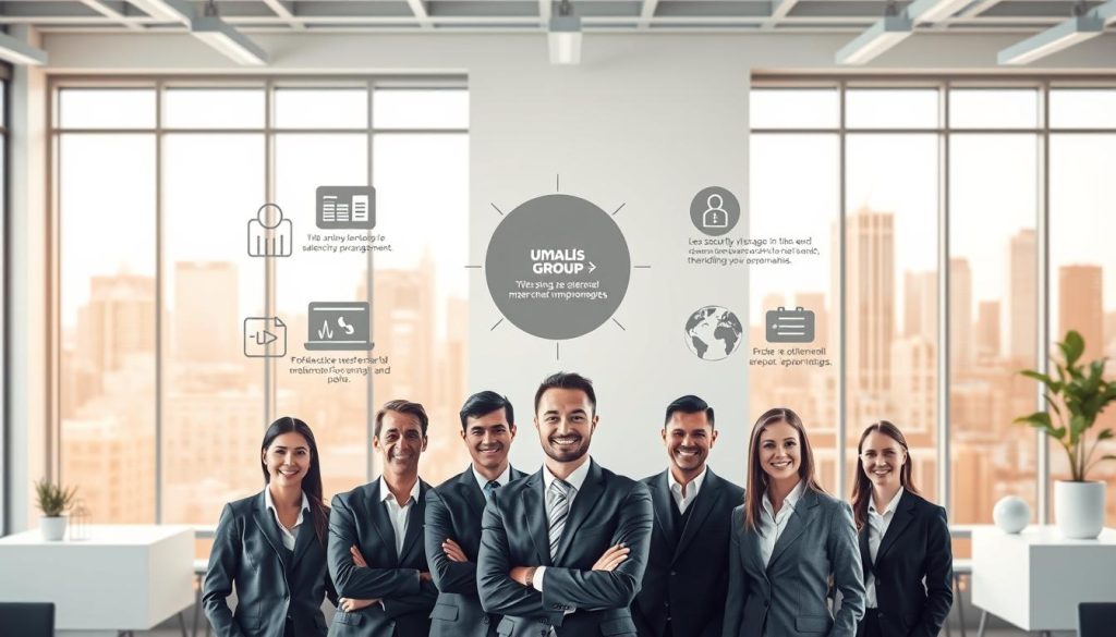 A serene office scene with clean, modern furniture and minimalist decor. In the foreground, a group of smiling professionals in business attire, representing the diverse web professionals under the UMALIS GROUP banner. In the middle ground, abstract icons and infographics highlighting the key benefits of salaried portage - job security, flexible work arrangements, and professional development opportunities. The background features a stylized city skyline, conveying the thriving, tech-driven environment of the web industry. Warm, natural lighting from large windows creates a tranquil, productive atmosphere. The overall composition emphasizes the advantages and security that salaried portage provides for web professionals.