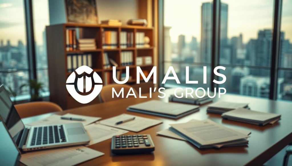 A serene office scene with the UMALIS GROUP brand logo prominently displayed. The foreground features a desktop with a laptop, calculator, and papers neatly arranged, conveying an atmosphere of professional risk management. The middle ground showcases a bookshelf filled with relevant materials, while the background depicts a large window overlooking a cityscape, flooding the room with warm, natural lighting. The overall mood is one of organization, diligence, and a proactive approach to mitigating risks for professional clients.