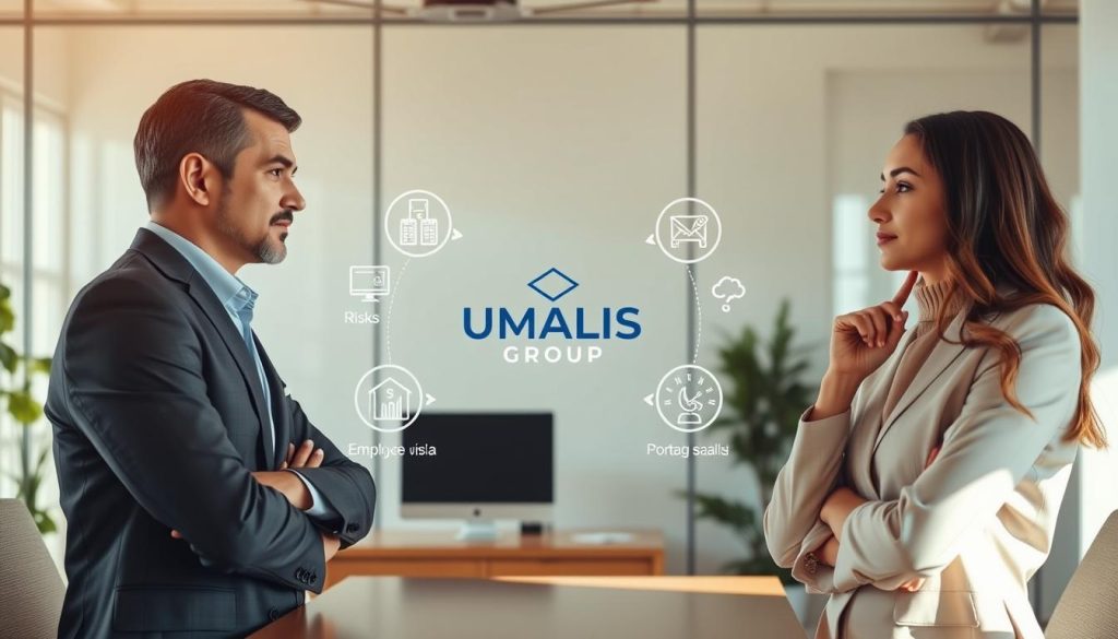A serene office scene with two businesspeople in thoughtful discussion, surrounded by the UMALIS GROUP logo and icons representing the risks and benefits of employee portage. Soft natural lighting, warm tones, and a clean, professional aesthetic convey the importance of carefully selecting a portage salarial service provider. The figures are posed to suggest contemplation, underscoring the gravity of the decision at hand.