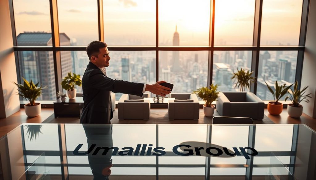 A serene office scene with two professionals in business attire shaking hands over a glass desk, showcasing the "Umalis Group" brand. The middle ground features a modern open-plan workspace with sleek furniture and potted plants, conveying a collaborative, international atmosphere. In the background, floor-to-ceiling windows provide a panoramic view of a bustling city skyline, illuminated by warm, natural lighting. The overall mood is one of professionalism, connectivity, and global expansion.