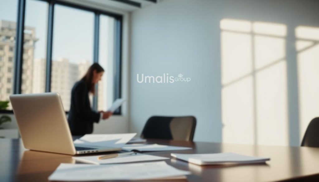 A serene office setting, a desk with a laptop and papers, illuminated by soft, natural lighting through large windows. In the foreground, a person in business attire reviewing documents, conveying the thoughtful management of partial unemployment during a period of economic uncertainty. In the background, the Umalis Group logo discreetly displayed, symbolizing the professional support and guidance they provide for salaried workers navigating the challenges of the post-COVID-19 landscape.
