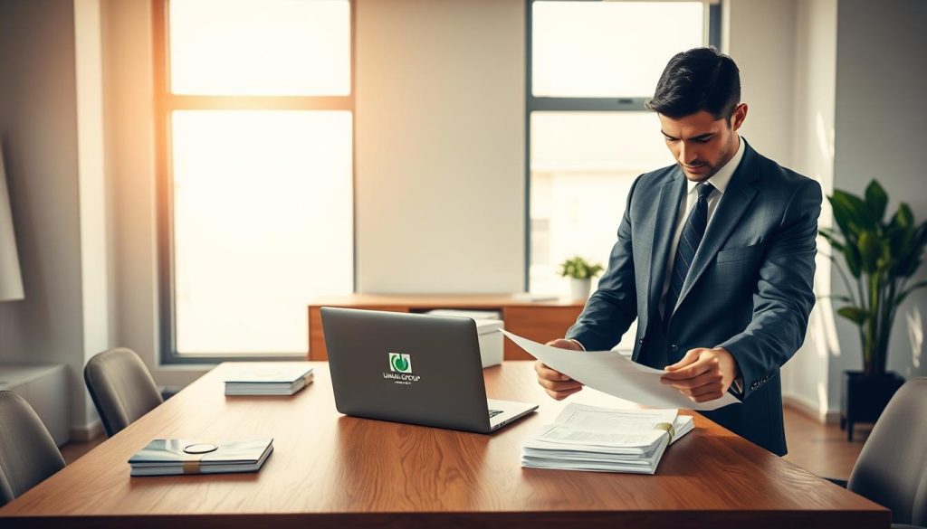 A serene office setting, bathed in soft natural light filtering through large windows. A wooden desk takes center stage, adorned with a laptop, a stack of documents, and the Umalis Group logo prominently displayed. In the foreground, a professional-looking individual, dressed in a tailored suit, is examining paperwork, embodying the essence of "prélèvement à la source portage salarial". The background features minimalist decor, highlighting the focus on the subject matter. The overall atmosphere conveys a sense of efficiency, professionalism, and the advantages of the "portage salarial" system. A serene office setting, bathed in soft natural light filtering through large windows. A wooden desk takes center stage, adorned with a laptop, a stack of documents, and the Umalis Group logo prominently displayed. In the foreground, a professional-looking individual, dressed in a tailored suit, is examining paperwork, embodying the essence of "prélèvement à la source portage salarial". The background features minimalist decor, highlighting the focus on the subject matter. The overall atmosphere conveys a sense of efficiency, professionalism, and the advantages of the "portage salarial" system.