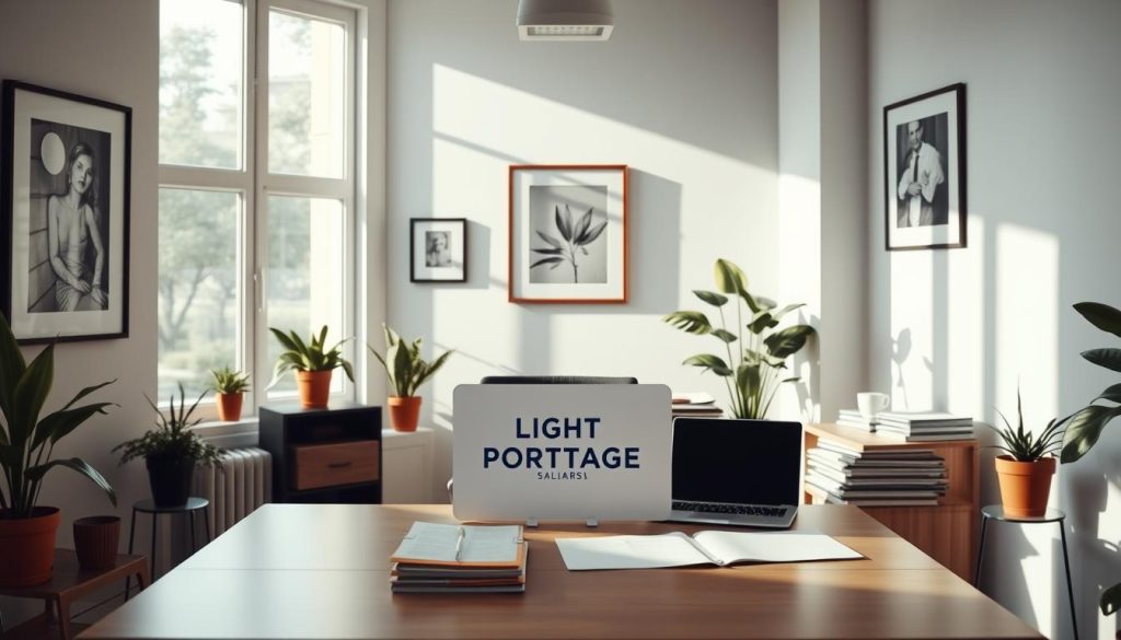 A serene office setting, bathed in soft natural light filtering through large windows. Framed artwork and potted plants adorn the space, creating a warm and professional ambiance. At the center, a desk with the LIGHT PORTAGE logo prominently displayed, signifying the focus on "portage salarial" - the concept of salaried employment. On the desk, stacks of papers and a laptop symbolize the administrative tasks associated with paid leave. The overall mood is one of productivity and well-being, reflecting the "droits aux congés payés en portage salarial" - the rights to paid time off for those in salaried employment arrangements.