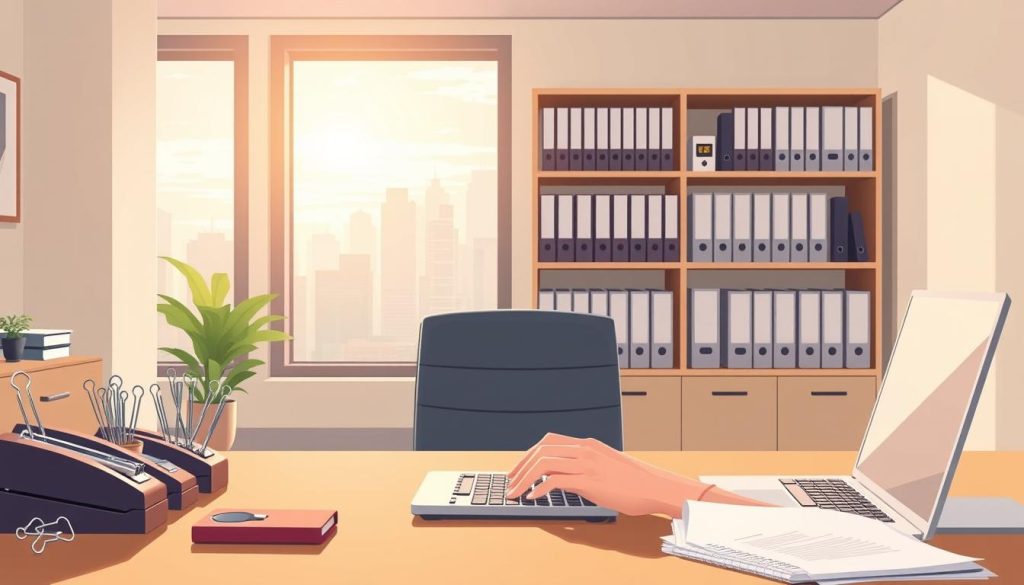 A serene office setting, bathed in soft, natural lighting. In the foreground, a well-organized desk with a neatly arranged array of administrative tools - staplers, paperclips, and a sleek, minimalist laptop. A pair of hands, neatly manicured, type away with efficient precision. In the middle ground, an elegant shelving unit displays binders, files, and reference materials, all perfectly aligned. The background reveals a panoramic window, offering a calming view of a bustling city skyline. The overall atmosphere conveys a sense of order, productivity, and professional expertise - the hallmarks of expertly coordinated administrative tasks.