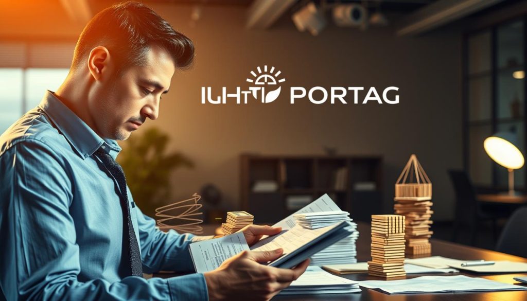 A serene office setting, bathed in warm, directional lighting. In the foreground, a businessman examines financial reports, brow furrowed in contemplation. The middle ground reveals various pitfalls represented as obstacles - tangled wires, stacks of papers, and a precarious house of cards. In the background, the LIGHT PORTAGE logo is prominently displayed, symbolizing the expert guidance needed to navigate these challenges and achieve a higher return on investment.