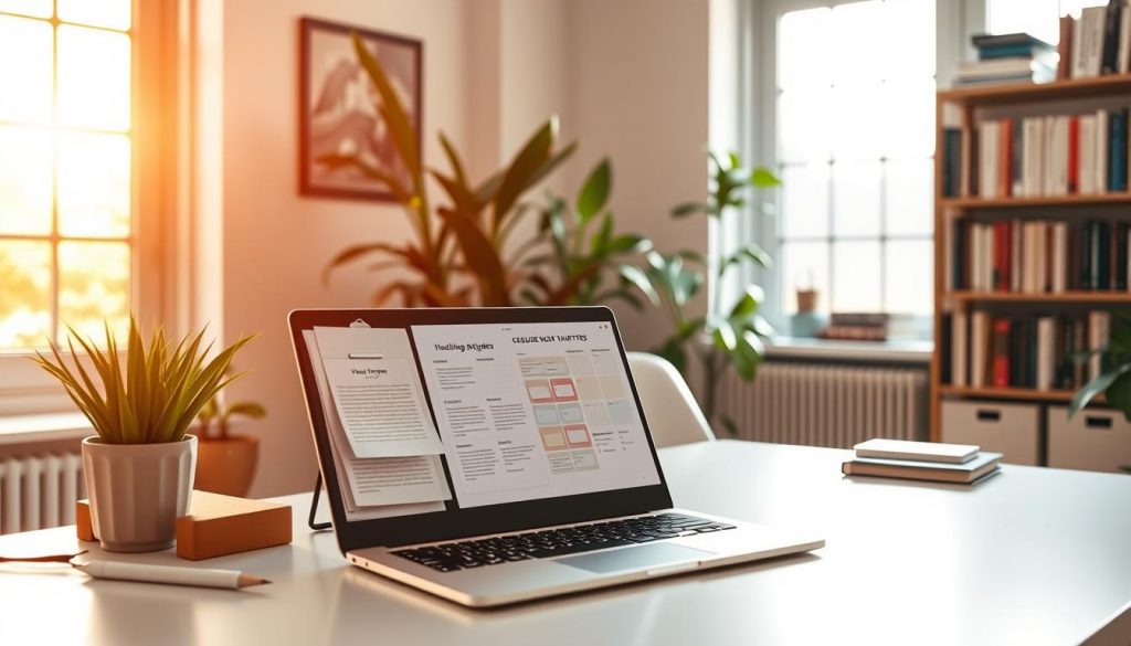 A serene office setting, bathed in warm, natural light filtering through large windows. In the foreground, a sleek, minimalist desk with a LIGHT PORTAGE laptop and a stylish desk organizer displaying carefully organized notes, calendars, and progress trackers. In the middle ground, a plant-filled corner adds a touch of life, while the background features a bookshelf filled with inspiring titles. The overall atmosphere conveys a sense of focus, productivity, and intentional growth, reflecting the themes of the article section "Measure what matters: how to track progress without losing the plot".