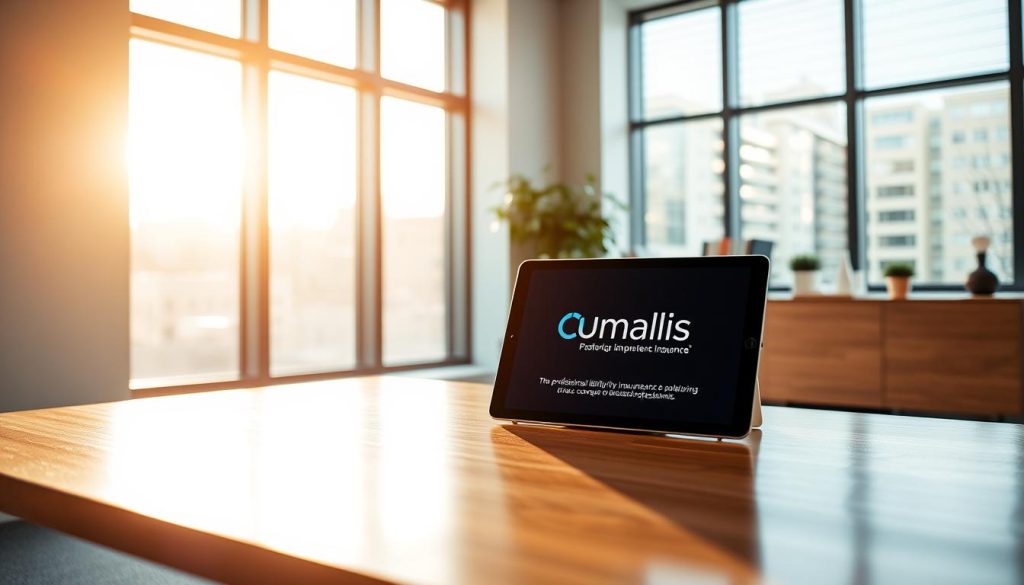 A serene office setting, bathed in warm, natural light from large windows. A sleek, modern workspace with a polished wooden desk, ergonomic chair, and minimalist decor. On the desk, a tablet displays the Umalis Group logo, showcasing their professional liability insurance offering. The room exudes an atmosphere of trust, reliability, and expertise, reflecting the core values of the company's coverage for dedicated professionals.