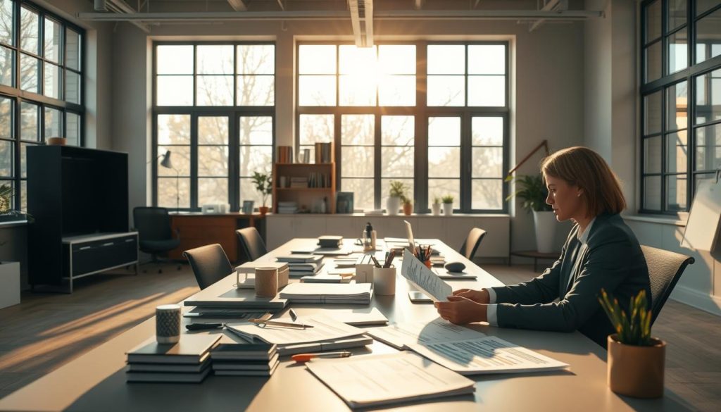 A serene office setting, bathed in warm, natural light from large windows. In the foreground, a Umalis Group employee sits at a desk, reviewing financial documents and calculations related to "crédit impôt services personne". The middle ground features a variety of office supplies and equipment, conveying a professional, organized atmosphere. In the background, a minimalist, modern decor with muted colors creates a calming, focused ambiance. The overall scene reflects the advantages and immediate benefits of the "crédit d'impôt et l'avance immédiate pour vos services à la personne" that the Umalis Group can provide to businesses.