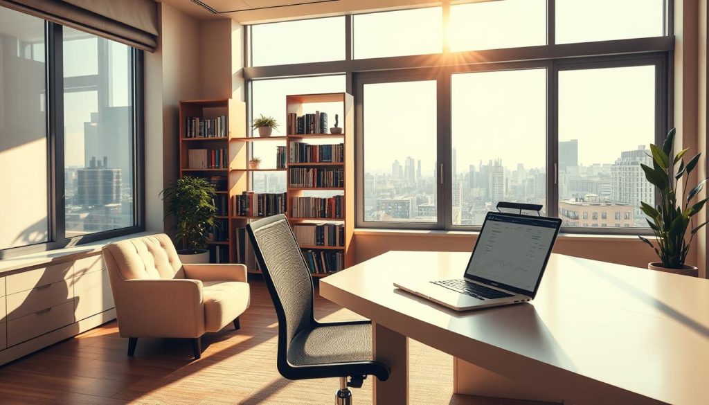 A serene office setting, bathed in warm, natural light streaming through large windows. In the foreground, a modern desk with a laptop displaying financial data, symbolizing the administrative aspects of "portage salarial retraite". Nearby, a comfortable armchair and a potted plant, creating a calming atmosphere. The middle ground features a bookshelf filled with finance and retirement planning resources, hinting at the knowledge and expertise required. In the background, a cityscape visible through the windows, representing the professional opportunities enabled by this employment model. The overall scene conveys a sense of balance, stability, and the Umalis Group's expertise in navigating the complexities of "portage salarial retraite".