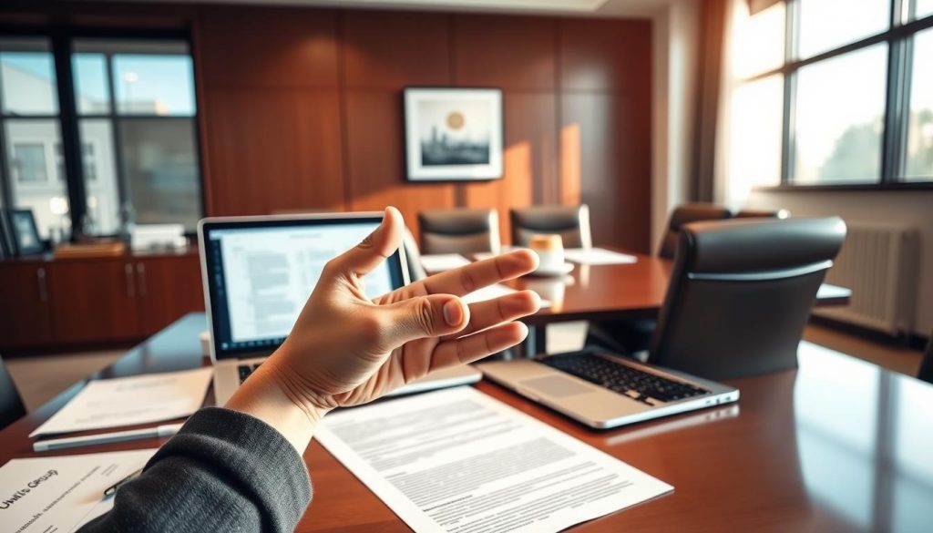 A serene office setting, bathed in warm, natural lighting from large windows. A desktop adorned with a sleek Umalis Group logo, surrounded by carefully organized documents and a laptop displaying intricate legal contracts. In the foreground, a subtle yet precise hand motion signifies the act of "lien subordination", a crucial financial maneuver. The middle ground showcases a well-appointed meeting space, with leather chairs and a polished conference table, hinting at the professional, authoritative nature of the subject matter. The background blurs into a soft, neutral palette, focusing the viewer's attention on the deliberate, thoughtful execution of this legal process.