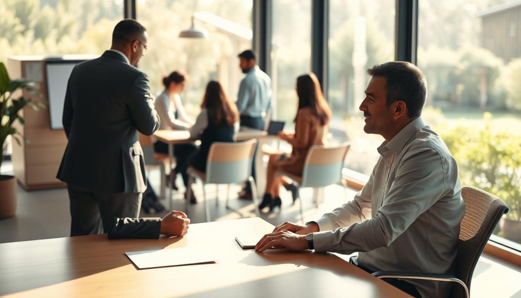 A serene office setting, bathed in warm, natural lighting from large windows. In the foreground, a Umalis Group manager sits at their desk, leaning forward with a compassionate expression, engaging in a one-on-one conversation with a colleague. The middle ground showcases a collaborative team meeting, where colleagues discuss ideas openly and respectfully. In the background, a tranquil garden can be seen through the windows, symbolizing the calming, nurturing atmosphere of this "bienveillant" management approach. The overall scene conveys a sense of trust, empathy, and a genuine commitment to employee well-being.
